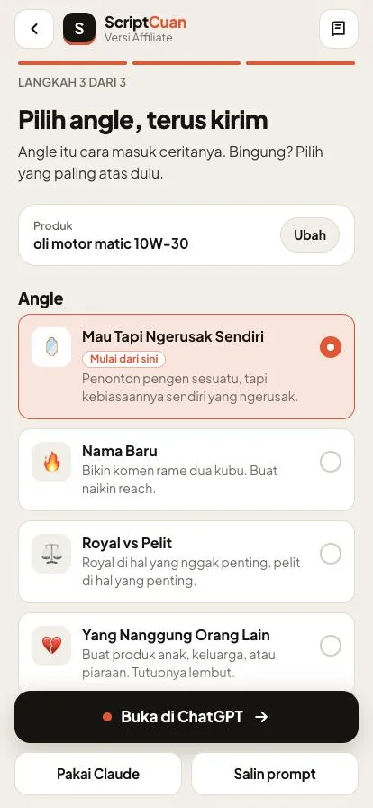 Layar pilih gaya cerita di aplikasi ScriptCuan, dengan tombol Buka di ChatGPT