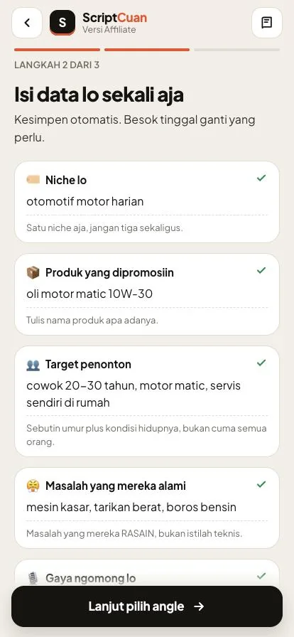 Layar isi data di aplikasi ScriptCuan: niche, produk, target penonton, dan masalah