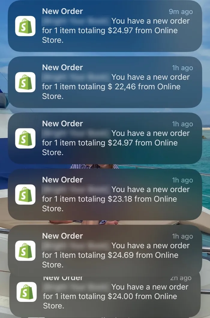 Dashboard Shopify toko dropship Amos: Notifikasi order masuk