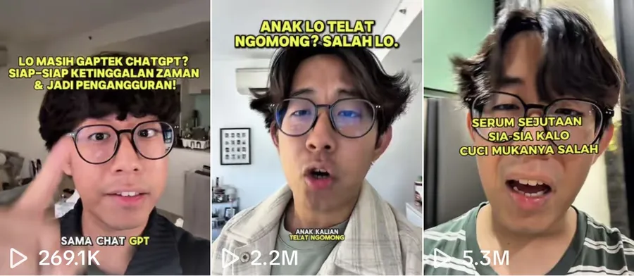 Screenshot akun TikTok Amos: tiga video dengan 269,1 ribu, 2,2 juta, dan 5,3 juta kali ditonton