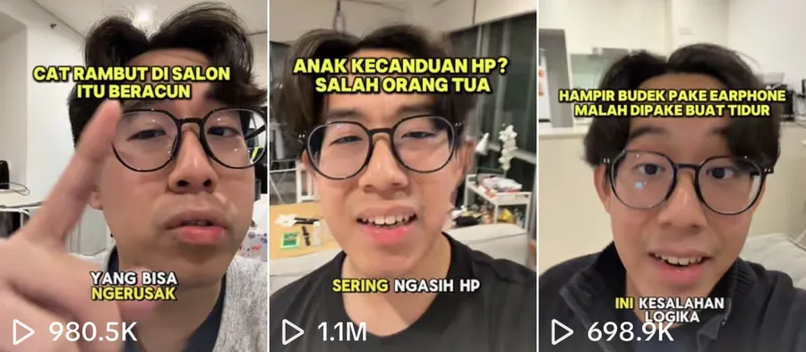Screenshot akun TikTok Amos: tiga video dengan 980,5 ribu, 1,1 juta, dan 698,9 ribu kali ditonton